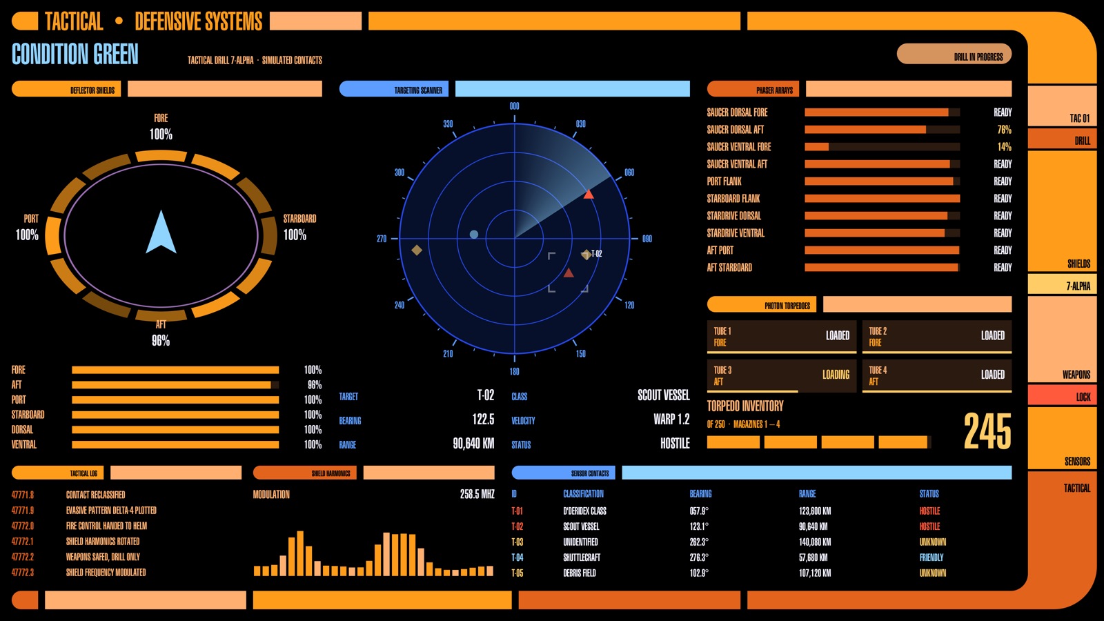 Tactical screen: shields, phasers and torpedoes
